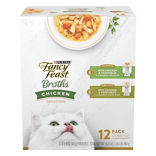 PURINA FANCY FEAST CHICKEN BROTH COMPLEMENT LICKABLE GRAIN FREE WET CAT FOOD VARIETY PACK – (PACK OF 12) 1.4 OZ. POUCHES