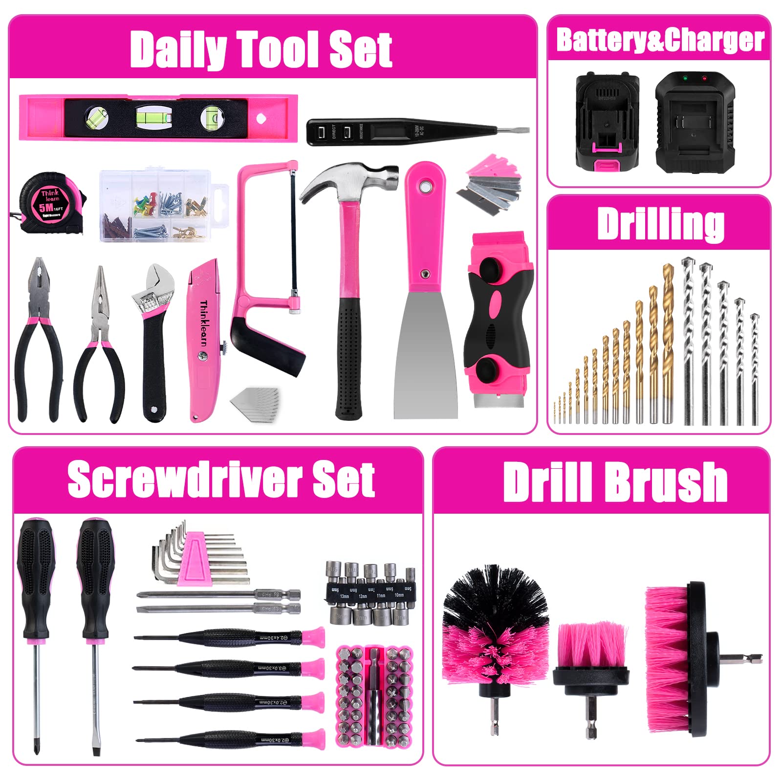 Tool Kit with 20V Cordless Drill(265in-lbs), Pink Drill Set for Women, Lady's Home Tool Kit for DIY, Daily Repair Tool Set as a Creative Gift with a Large-Capacity Tool Storage Bag