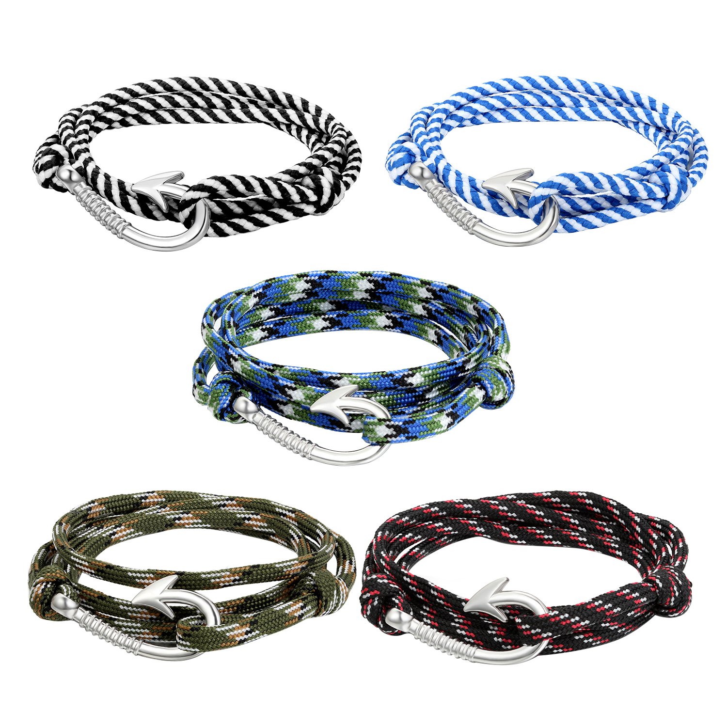 Cupimatch 5pcs Men Women Nautical Alloy Fish Hook Friendship Bracelets on Colorful Nylon Ropes