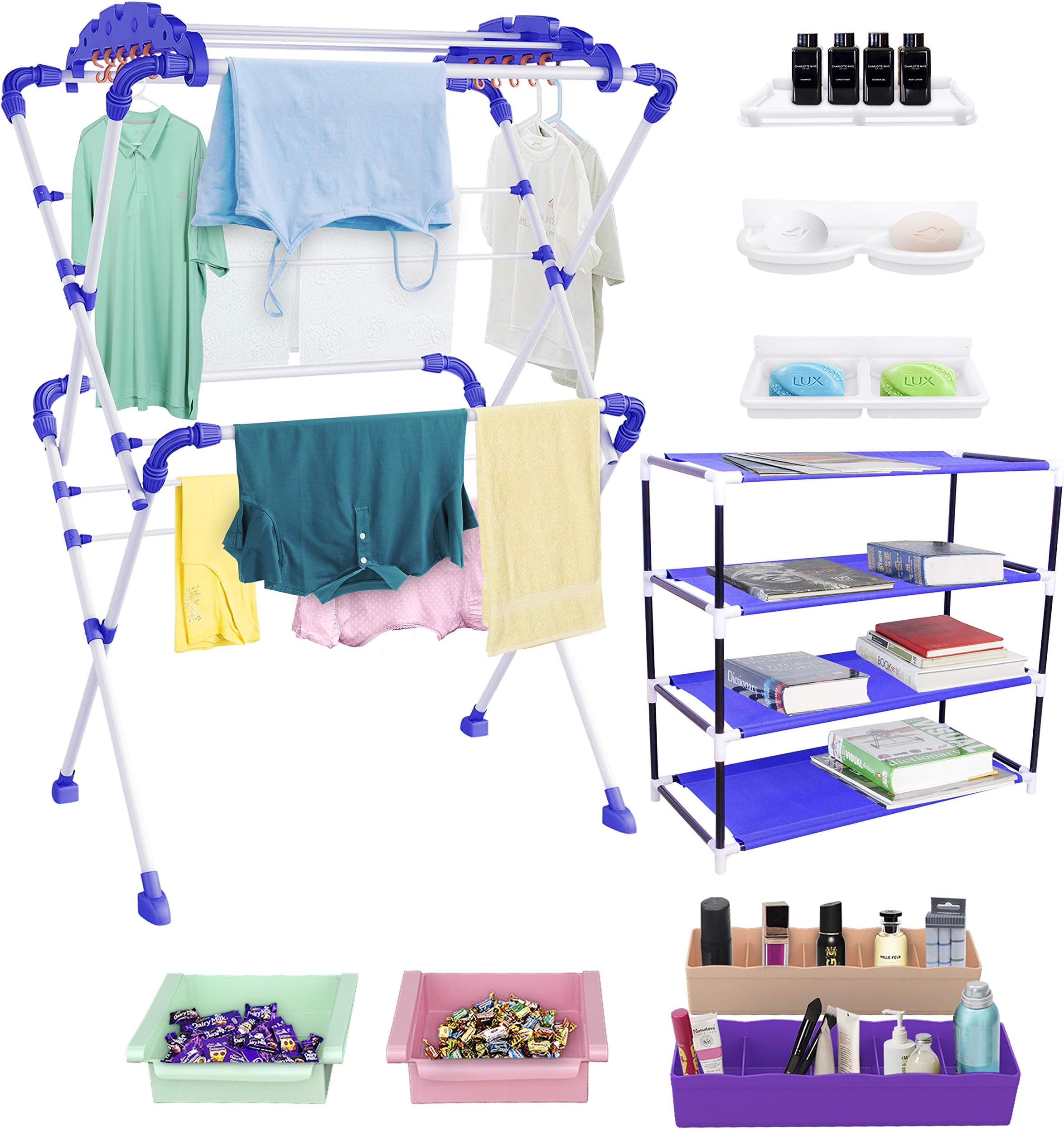 TRENDY Sumo Cloth Drying Stand Combo with Shoe Rack, 2 Organisers, 2 Fridge Organisers, 2 soap Stands and 1 Shelf