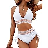 Blooming Jelly Womens High Waisted Bikini Sets Color Block Tummy Control Bathing Suit 2 Piece Swimsuits 2025 (S, White)