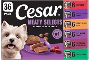 Cesar Wet Dog Food Classic Loaf in Sauce Grilled Chicken, Filet Mignon, Porterhouse Steak, Beef, Chicken & Liver and Turkey Variety Pack 3.5 oz. Easy Peel Trays (36 Count, Pack of 1) | Made in USA, Real meat #1 ingredient, no fillers or artificial flavors, formulated without grains, easy peel trays