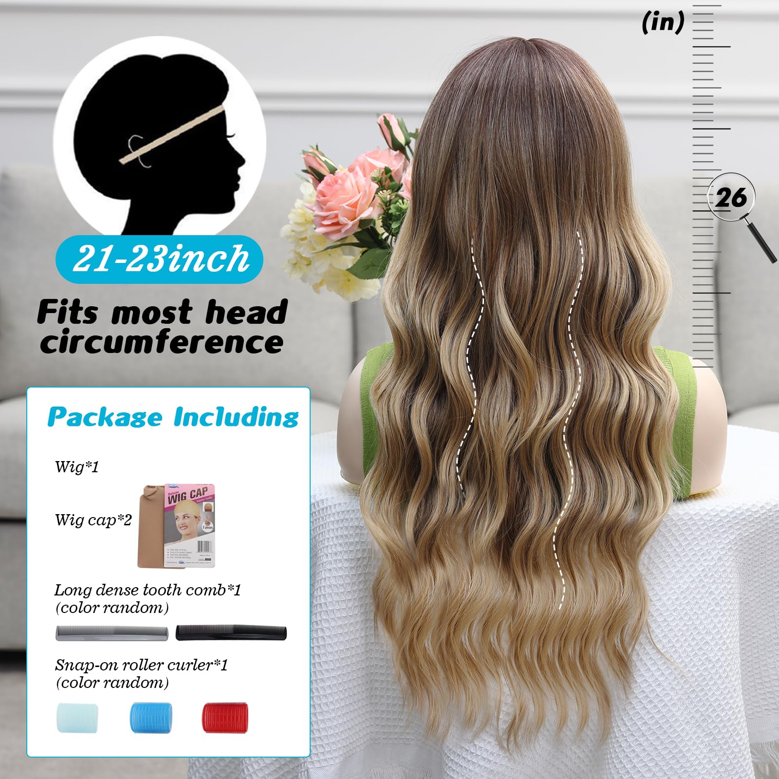 POPTAIYU Dirty Blonde Wig with Bangs Long Blonde Wavy Wigs for Women Synthetic Curly Wavy Wigs with Dark Root Heat Resistant Wig for Daily Party Use 26 Inches (Dirty Blonde)