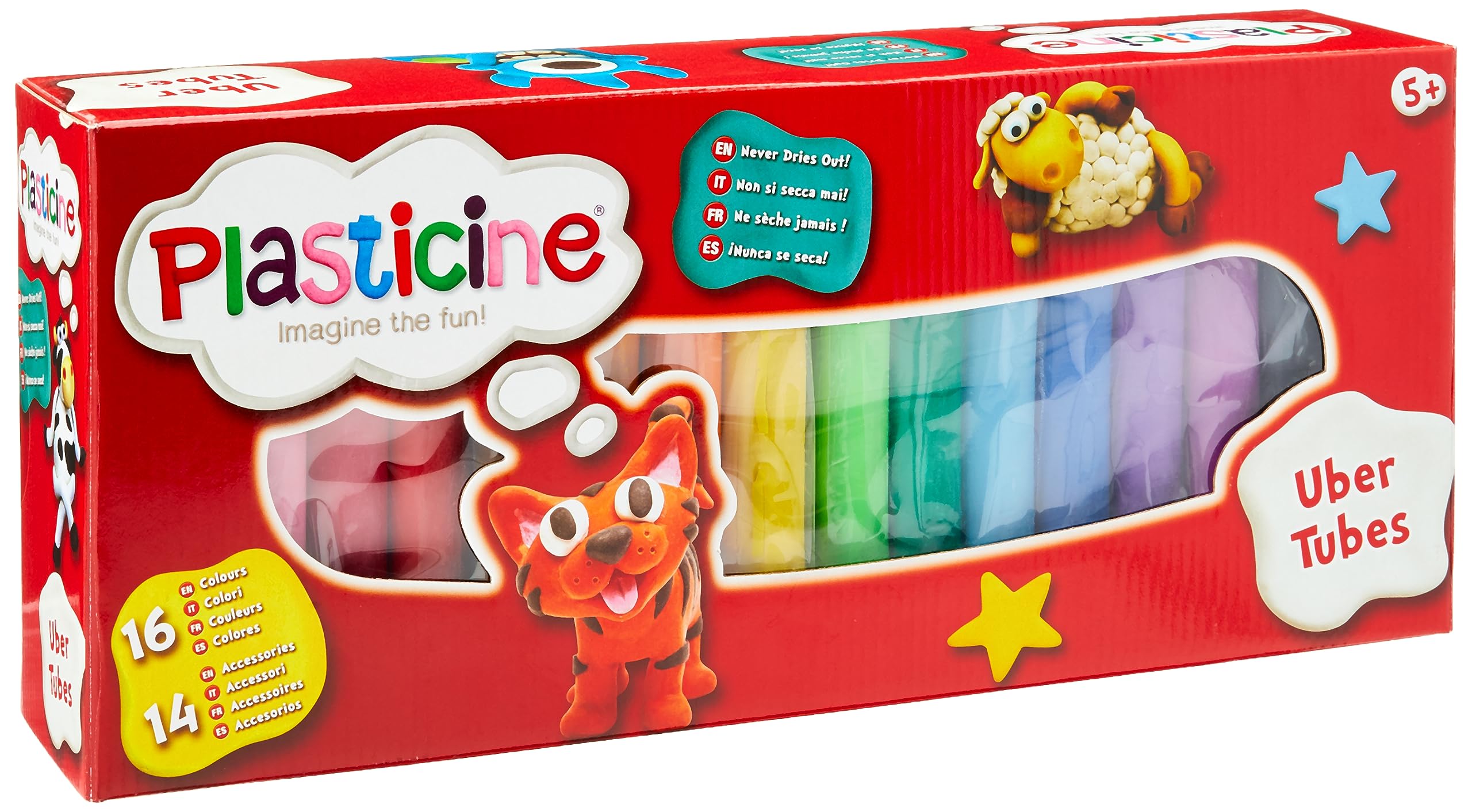Plasticine The Original, Uber Tubes Modelling Clay - 16 Vibrant Colours, Includes Cutters, Tools and Playmat, Never Dry's Out, Made with Non-Toxic Materials, Suitable for Ages 5 and Above
