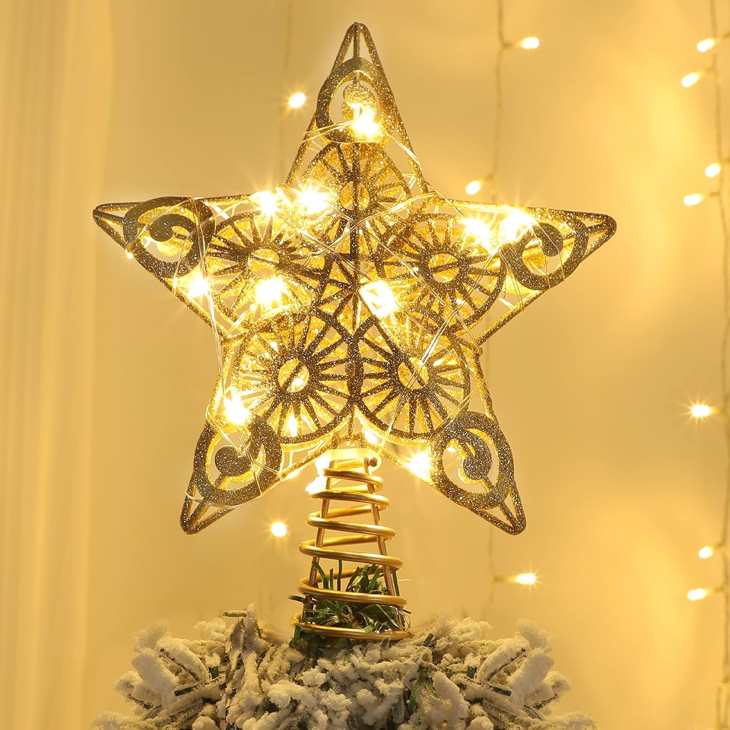 Tree Toppers - Juegoal Star Tree Topper with 20 LED Lights, Gold Lighted Treetop Christmas Tree Decoration, 9 Inches (H)