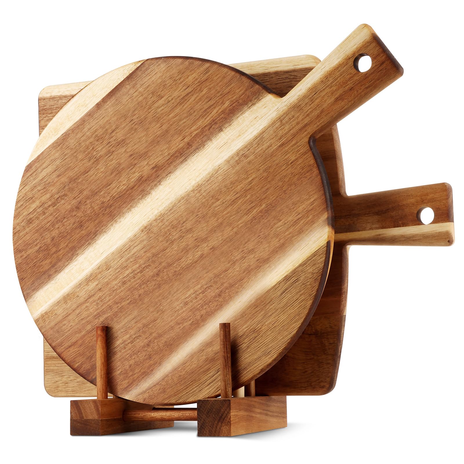 Photo 1 of 2 Pack Acacia Wood Cutting Board with Stand, Charcuterie Boards for Kitchen, Round & Rectangular Wooden Cutting Board Set for Cheese, Meat, Pizza, Vegetables, Bread(16 x 12 Inch)