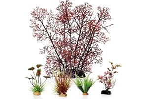 Emotionlite Aquarium Plants, Artificial Fish Tank Plastic Decorations Decor Plants Set Red 5 Packs