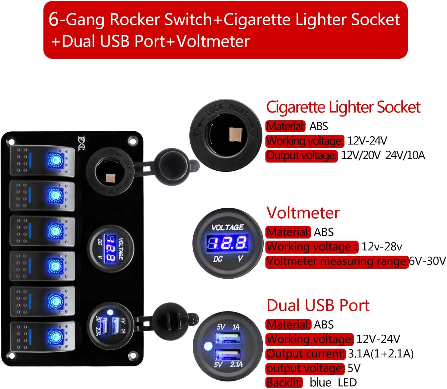 FXC Metal Aluminum Marine Boat Rocker Switch Panel 6 Gang with Dual USB Slot Socket + Cigarette Lighter + Digital Voltage Display LED Light for Car Rv Vehicles Truck : Sports & Outdoors