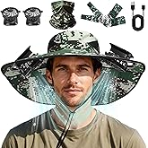 Solar Fan Hat with Detachable Fan, UPF 50+ Wide Brim Sun Hat with Face Mask and Arm Sleeves, 3 Speed USB &Solar Powered Fan