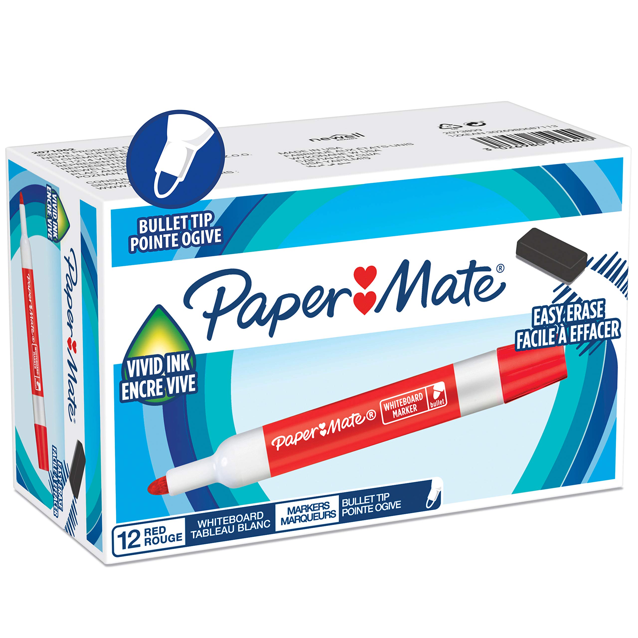 Paper Mate Low Odour Whiteboard Markers, Bullet Tip, Red Ink, 12 Count