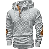 Mens Fashion Pullover Hoodies Long Sleeve Thermal Drawstring Button Texture Hooded Sweatshirt