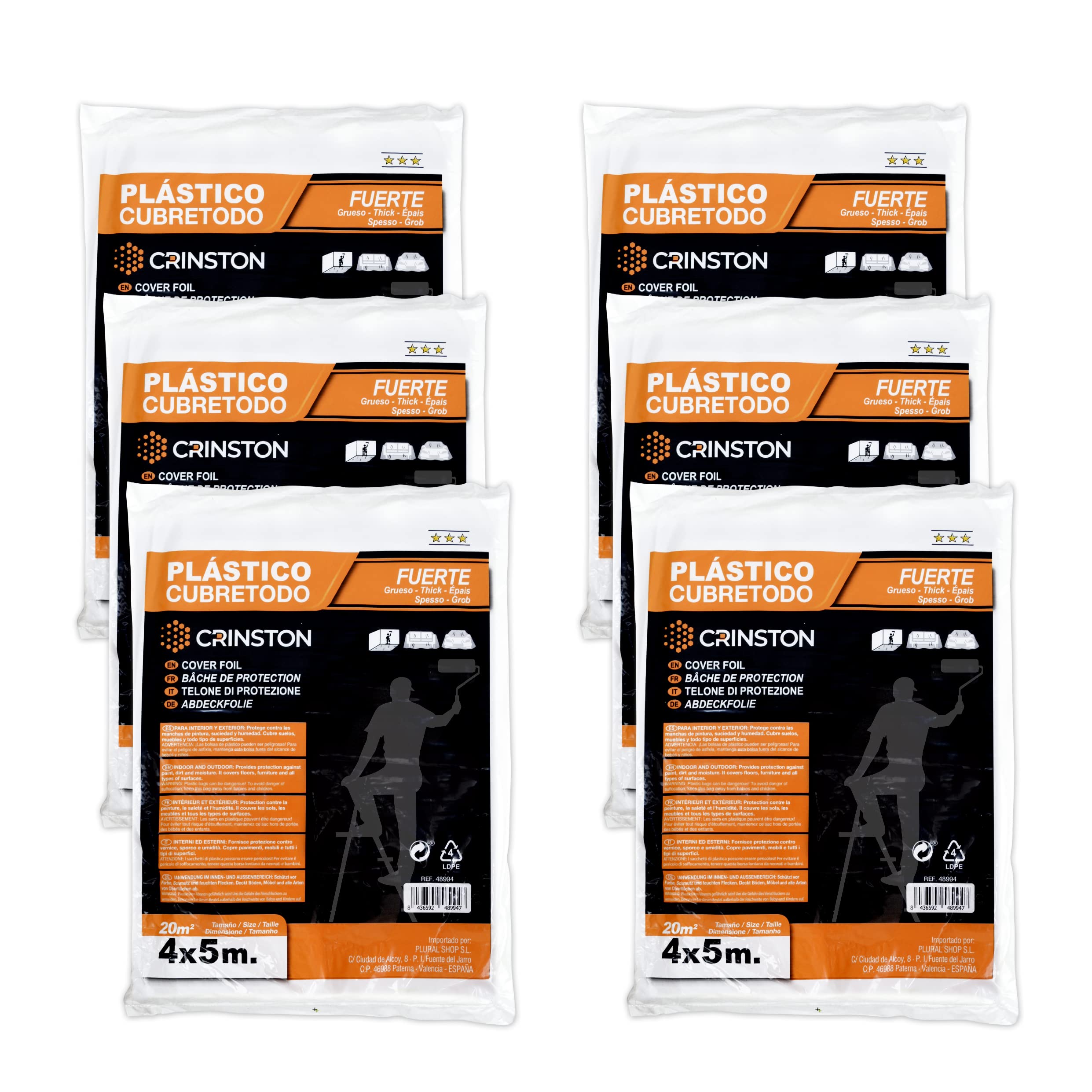 Plastic Protective Cover 4 x 5 m – 20 m² – Professional 10 μm (Pack of 6, Thickness)