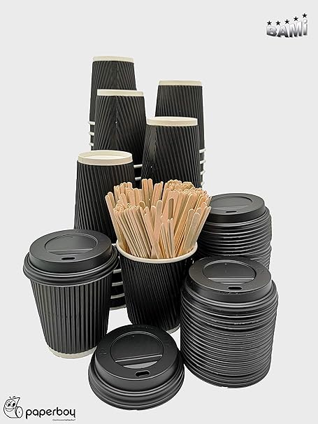 BAMI Kaffeebecher - 0,2l (8oz) Set Riffelbecher Einweg Tee Kaffee Cappuccino Heiße Getränke schwarz Pappe, geriffelt, doppelw