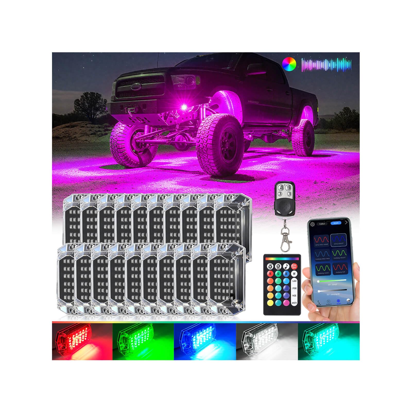 Photo 1 of 20Pods Full Angle RGB LED Rock Lights Kit with APP/RF Remote Control,600LEDs Bright Multicolor Underglow Light Dual Zone Underbody Light 12V Waterproof for Semi Trucks Pickup Jeep RV Golf Cart Offroad