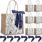 Paterr 6 Pack Bridesmaid Gift Bags with Handles Reusable Jute Tote Burlap Bags with Blue Chinoiserie Floral for Bachelorette Party