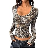 GORGLITTER Women's Y2k Camo Print Ruched Tee Top V Neck Long Sleeve Slim T Shirts