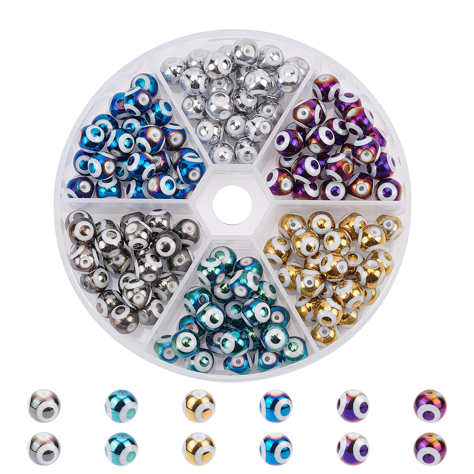 NBEADS 132 Pcs Evil Eye Glass Beads, 8mm Round Glass Beads for Bracelet Necklace Jewelry Making, Hole: 1.2mm