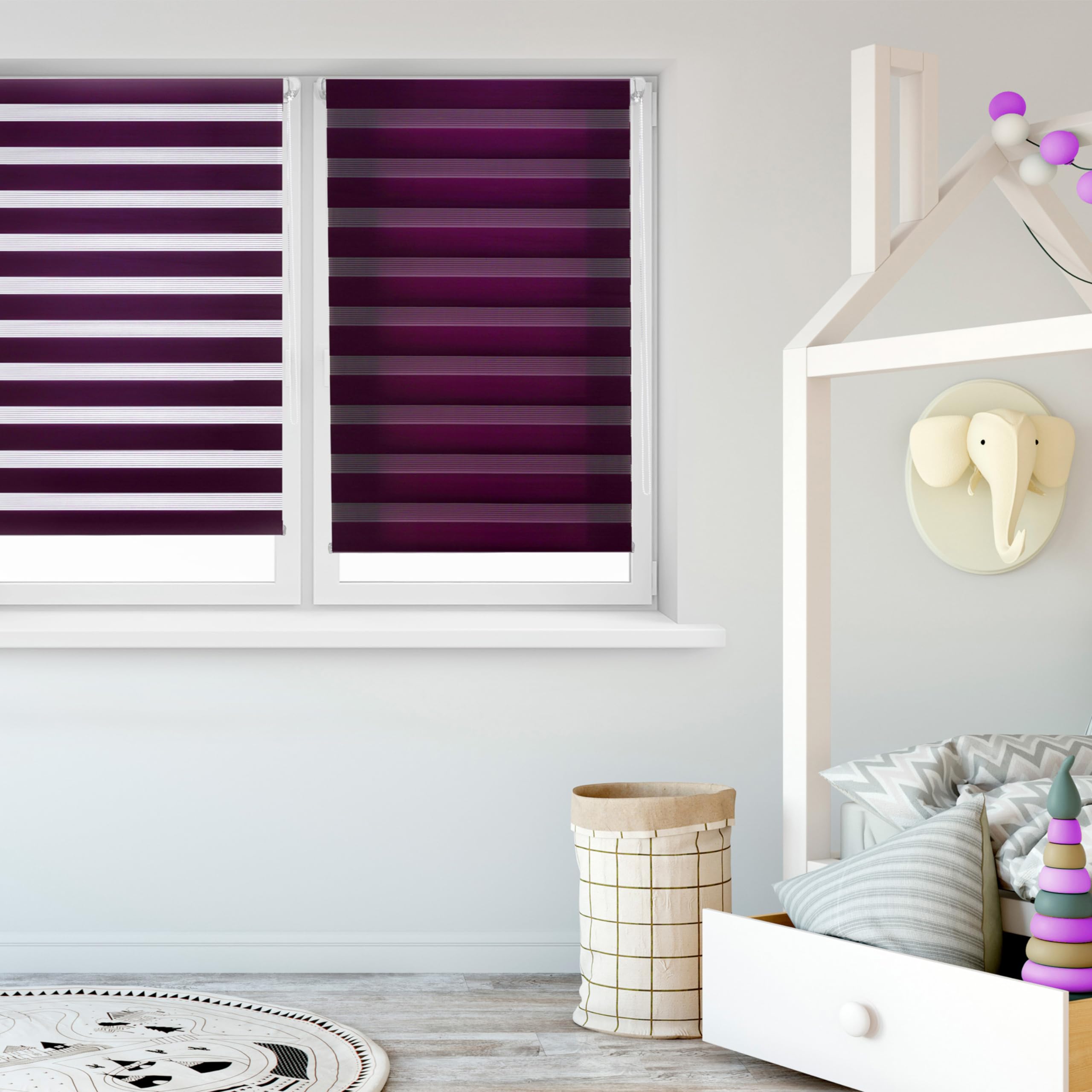 Blindecor - Indus "NO TOOLS REQUIRED". Double layered roller blind, Night and Day. Violet. 67x180 cm (width x length)