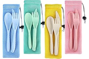 WVD 4 Sets Utensil Set with Protective Bag, Reusable Plastic Travel Cutlery Set, Portable Forks Spoons Knife Flatware Set, Ca