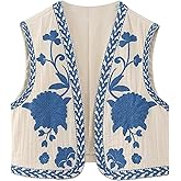 Unilexi Women's Embroidered Vest Outerwear Vintage Floral Cropped Waistcoat Casual Open Sleeveless Boho Cardigan