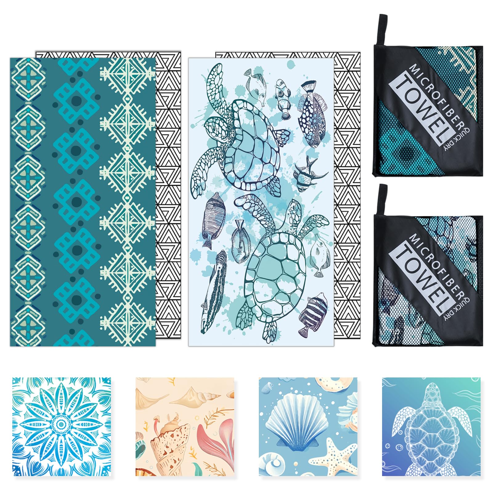 Microfibre Beach Towels for Adults - 2 Pack 180x100cm Lightweight Beach Towel Extra Large, Sand Free & Quick Dry Beach Towel Extra Large for Travel, Swim, Sports(Cube and Turtle)