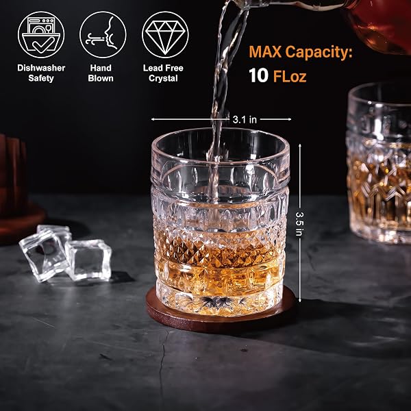 HYGLAZELLE WHISKEY GLASSES SET OF 4 WITH LUXURY BOX, 10OZ OLD FASHIONED WHISKEY GLASSES GIFT FOR COCKTAILS RUM COGNAC BOURBON LIQUOR ROCKS GLASSES MEN GIFT(MIXED)
