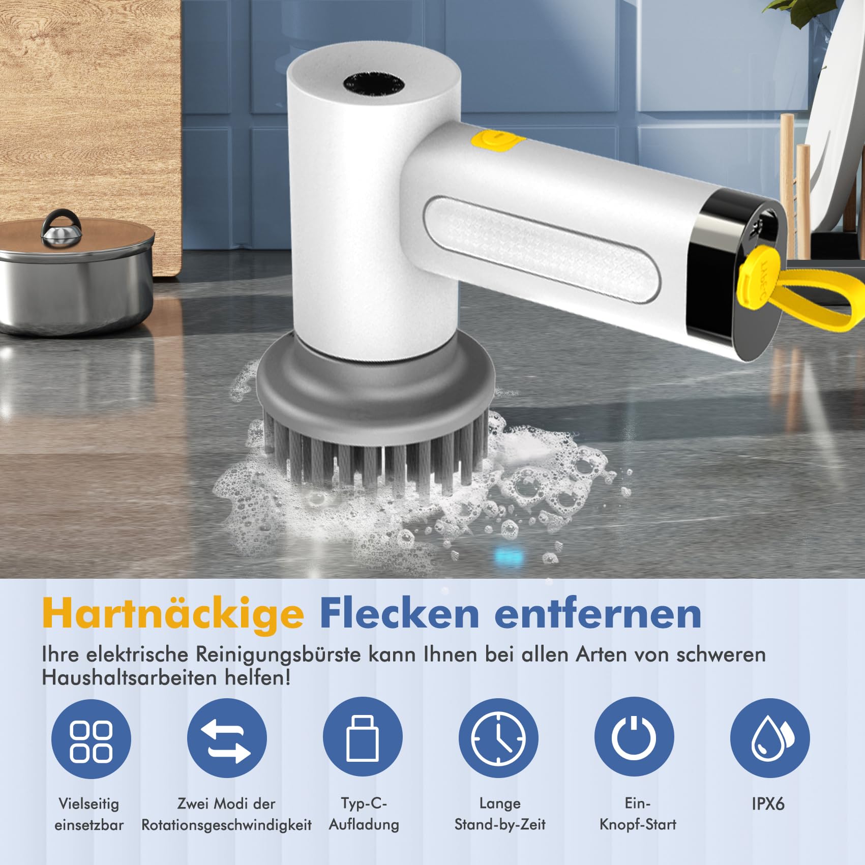 Elektrische Reinigungsbürste,Spin Scrubber für Bad und Fugen,Cleaning Brush für Haushalt mit 5 Bürstenkopfe,2 Modi Perfekt für Tiefe reinigen von Fliesen,Küche,Grille,Glas und Reifen-led Anzeige 3