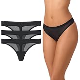 DKNY 3 Pack Sheer Mesh Stripe Thong Underwear - Lingerie Panties for Women | Lightweight Breathable &amp; Comfortable, Womens Clothing Basics, Everyday No Show Panty, Stretchy &amp; Soft Comfort
