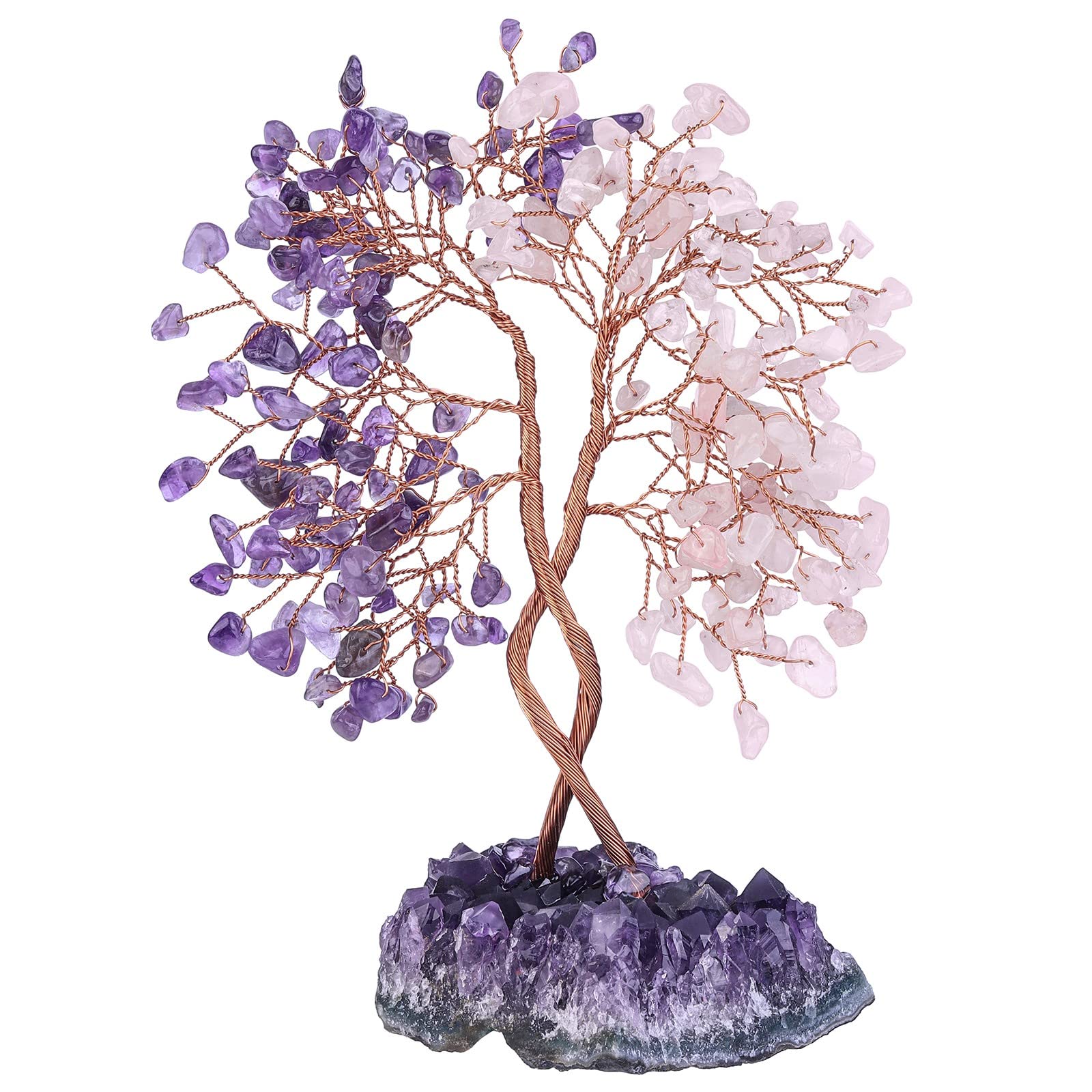 KYEYGWO Amethyst & Rose Quartz Crystal Money Tree with Natural Amethyst Cluster Base, Fengshui Bonsai Tree Decoration Stone Lucky Gemstone Ornament for Home