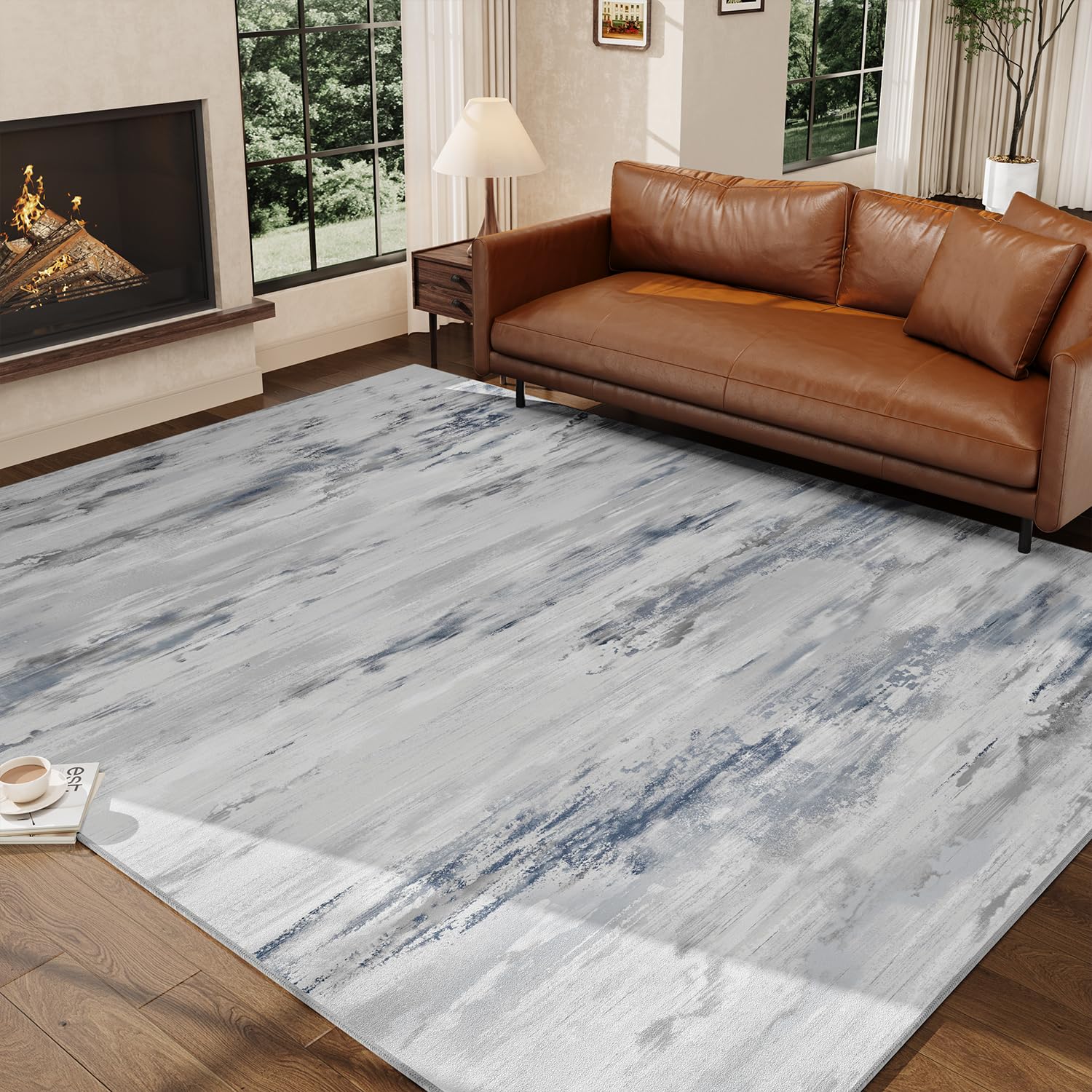 Photo 1 of AMOAMI-Modern Abstract Area Rug Neutral Rug 9x12 -Thin Low Pile Washable Rugs Non Slip Rugs for Living Room Bedroom Office Dining Room Bedside-Mulit Blue Area Rug 9 X 12 Carpet (Blue & Grey, 9ft X12ft)