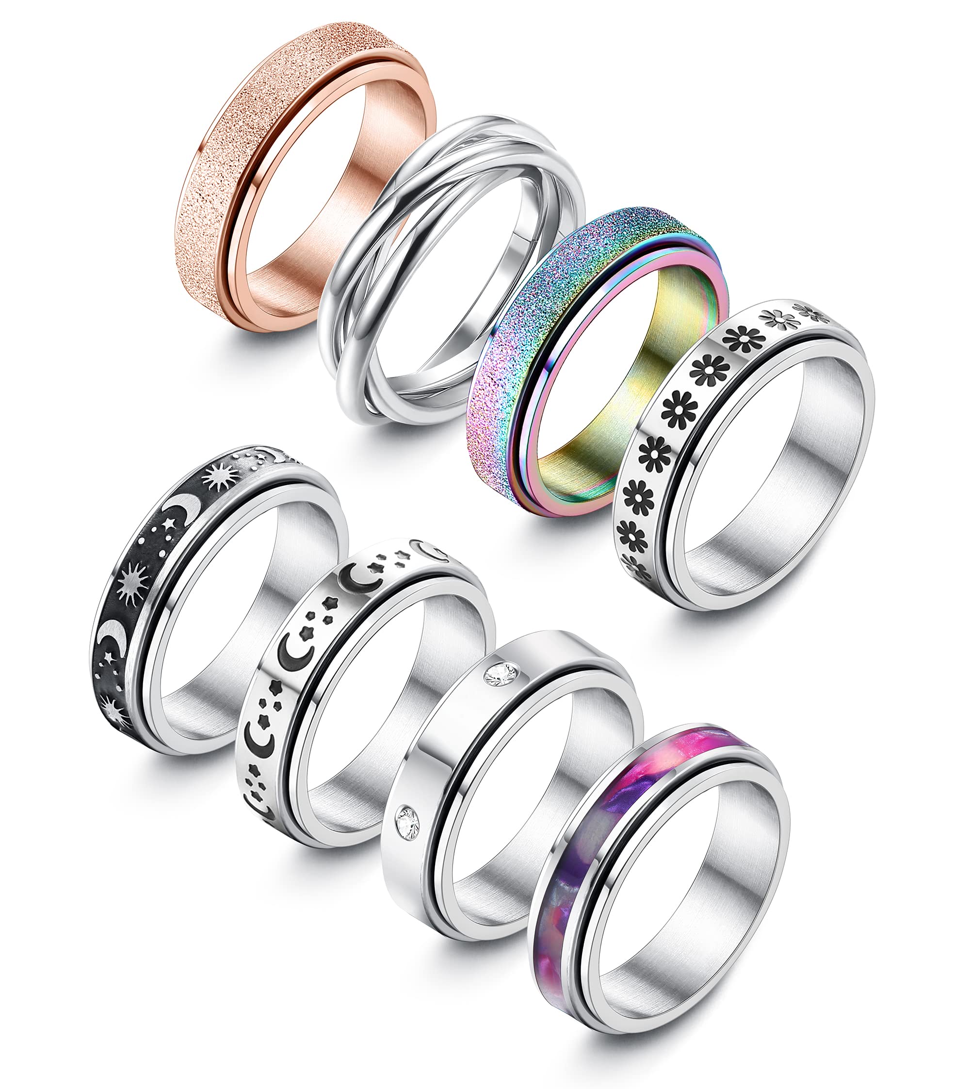 ADRAMATA 8Pcs Spinner Rings for Anxiety Relief Stainless Steel Rings for Women Men Anti Stress Band Rings Set Fidget Rings for Anxiety