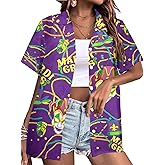 ALLTB Mardi Gras Outfit for Women Hawaii Shirts Carnival Themed Mask Tee Party Holiday T-Shirt Short Sleeve Button Down Top