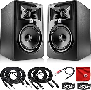 JBL Professional 305P MkII Next-Generation 5-Inch 2-Way Powered Studio Monitor Pair Bundle with 2x 10-Foot TRS Cable, 2x 10-Foot XLR Cable, Dual 1/4