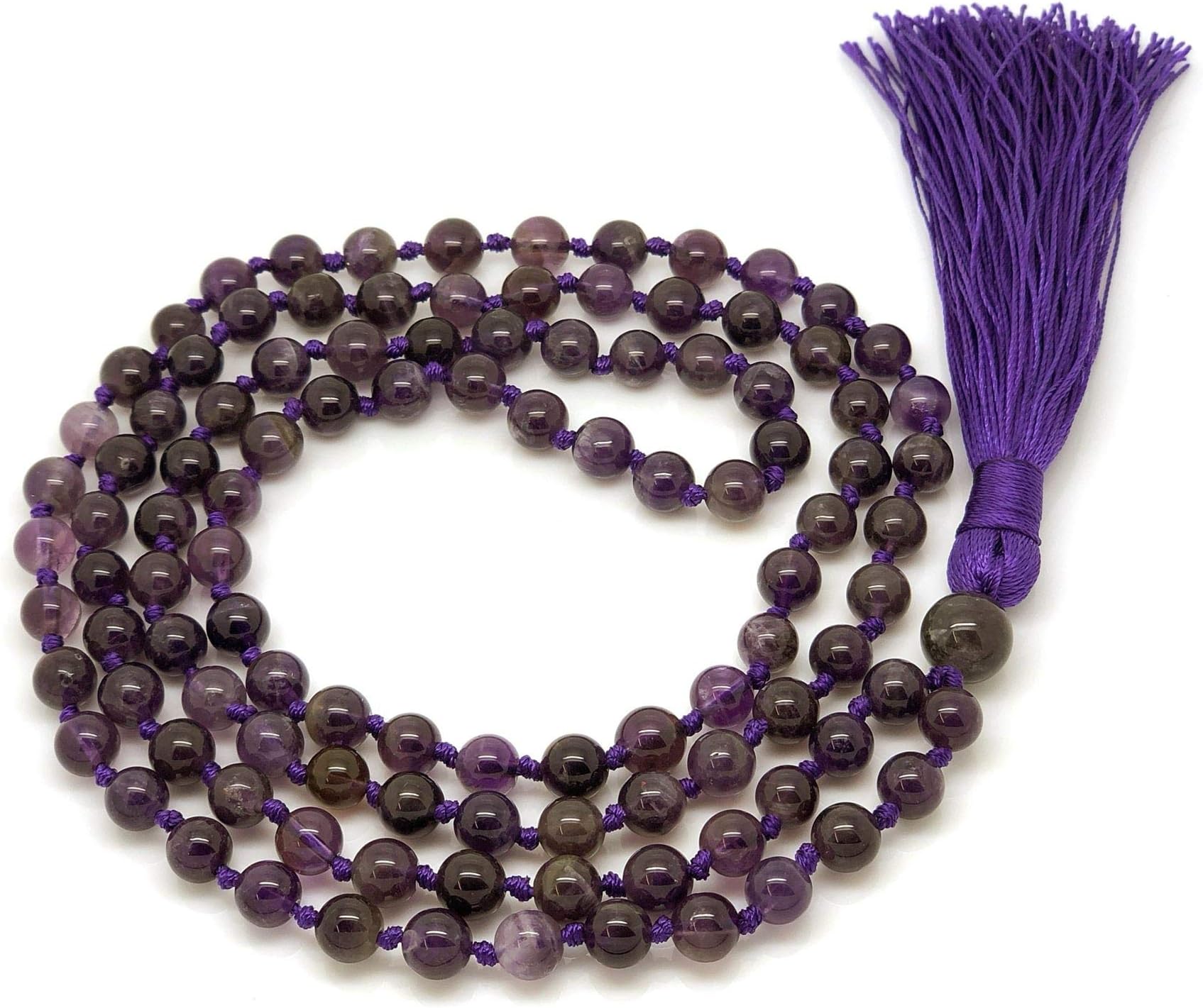 Gemstone Mala Beads Necklace Bracelet 108 beads 7 mm wide - with knots in between plus 1 large guru bead - Prayer, Meditation or Tassel Necklace
