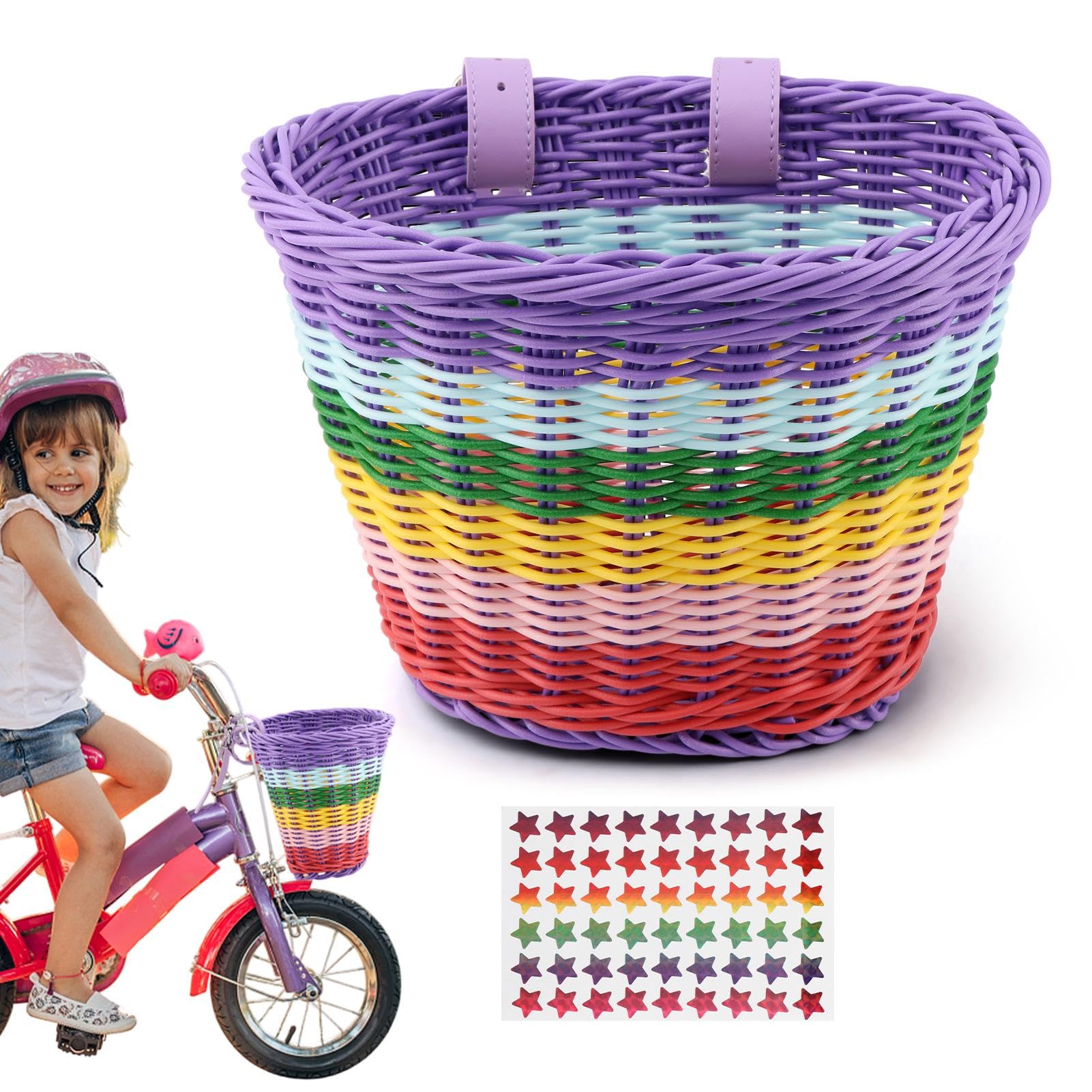 Photo 1 of Bike Basket Kids Front, Rainbow Hand-Woven Bicycle Front Basket, Multi-Color Boys Girls Front Bicycle Basket Tricycle Cruiser Bikes & Folding Bike Basket for Kids Adults(Rainbow)