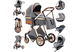Zkiprm 3 in 1 Stroller, Portable Baby Stroller with Infant Carrier, 3-Mode Newborn Reversible Bassinet, One-Click Folding, Landscape High Aluminum Frame, Baby Carriage Combo for Infant (Dumbgray gold)