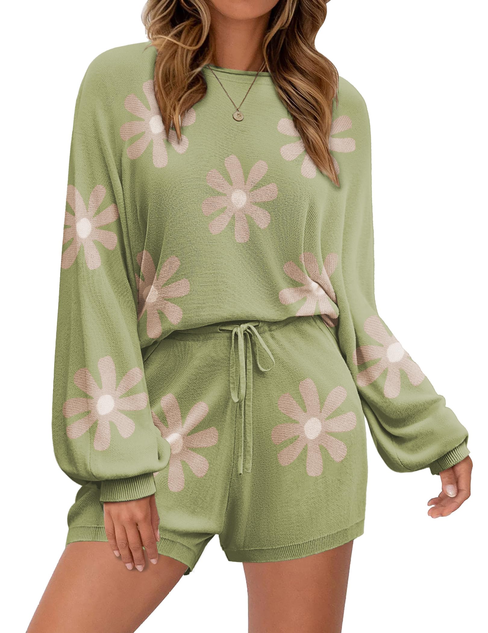 Photo 1 of *** ONLY TOP SWEATER****         Ekouaer Knit Pajamas Set for Women Lounge Sets Long Sleeve Sweatsuit Matching 2 Piece Outfits Cute Sweater Sets Floral Green S