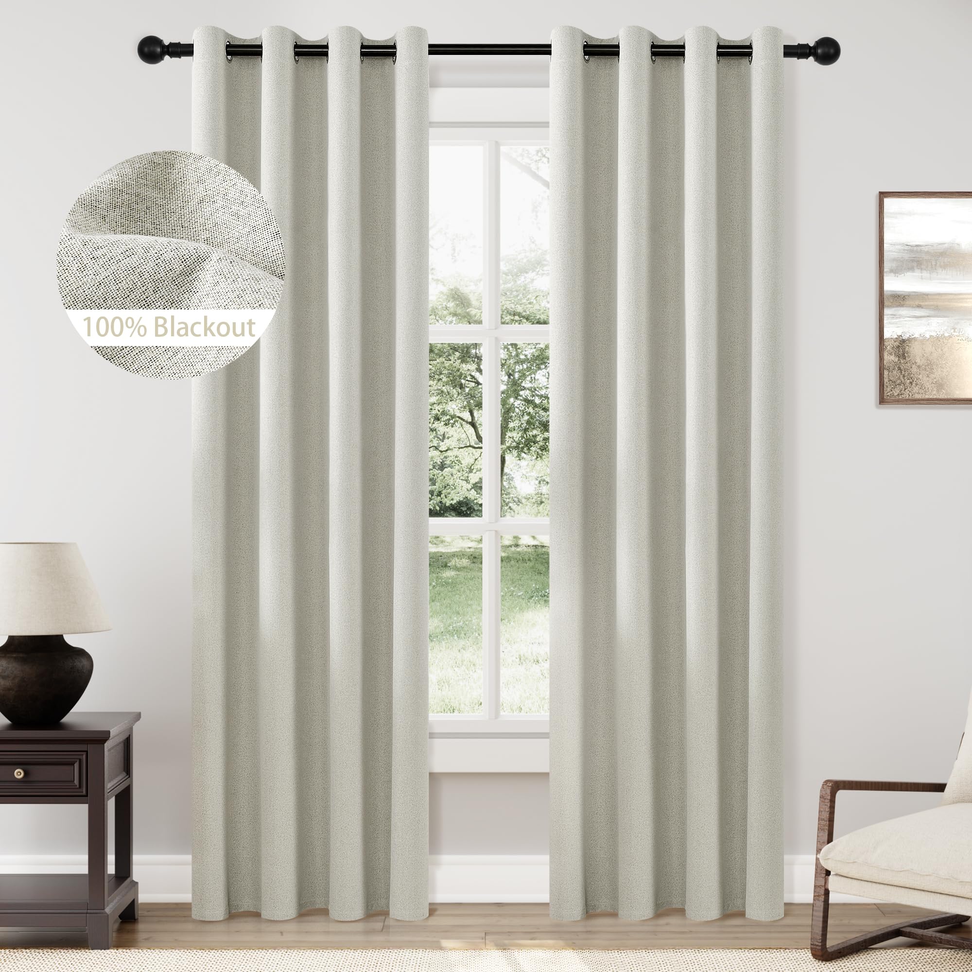 Photo 1 of ChrisDowa 100% Blackout Greyish Beige Solid Curtains 90 Inches Long 2 Panels for Bedroom Living Room,Farmhouse Room Darkening Thermal Insulated Soundproof Grommet Top Window Treatment Drapes,52x90