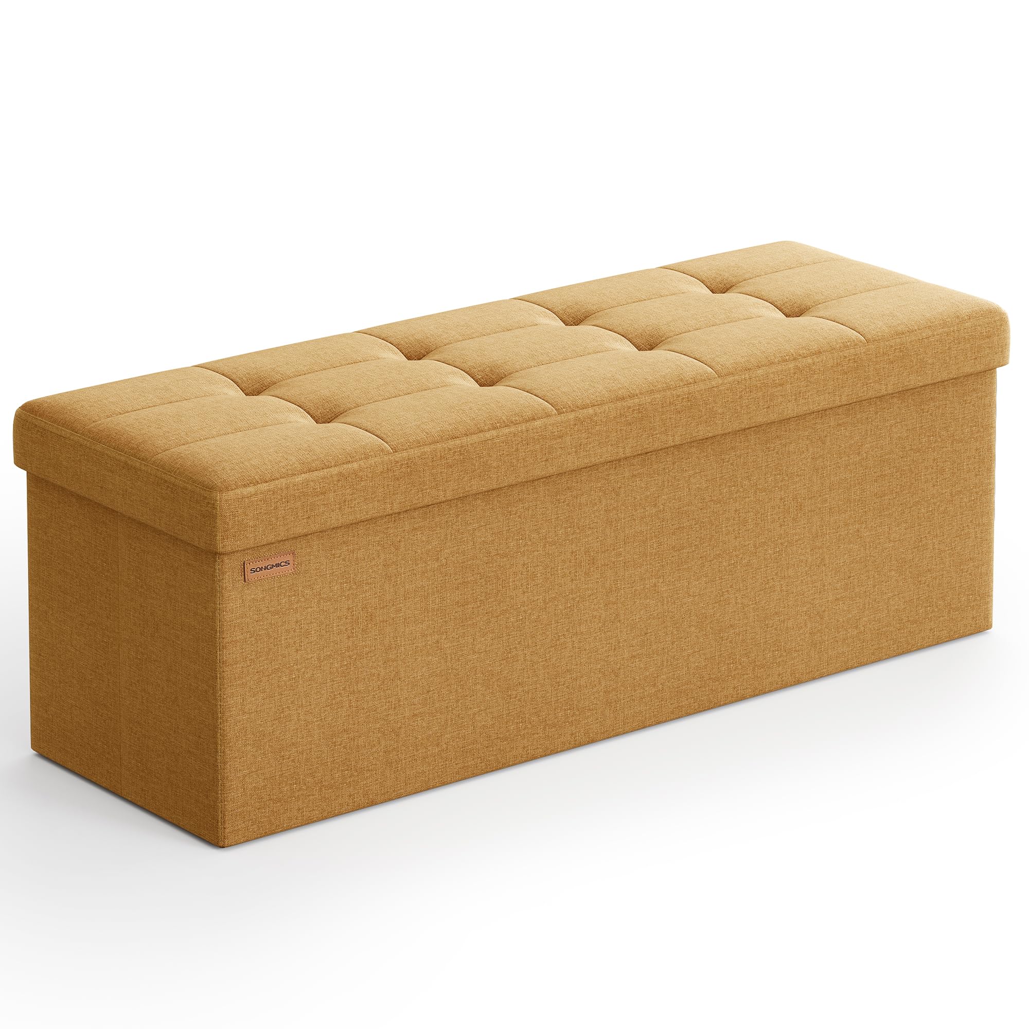 SONGMICS Sitzhocker mit Stauraum, klappbare Sitzbank, 38 x 110 x 38 cm Fußbank, Aufbewahrungsbox, bis 300 kg belastbar, für Wohnzimmer Schlafzimmer Flur, ingwergelb LSF077K04
