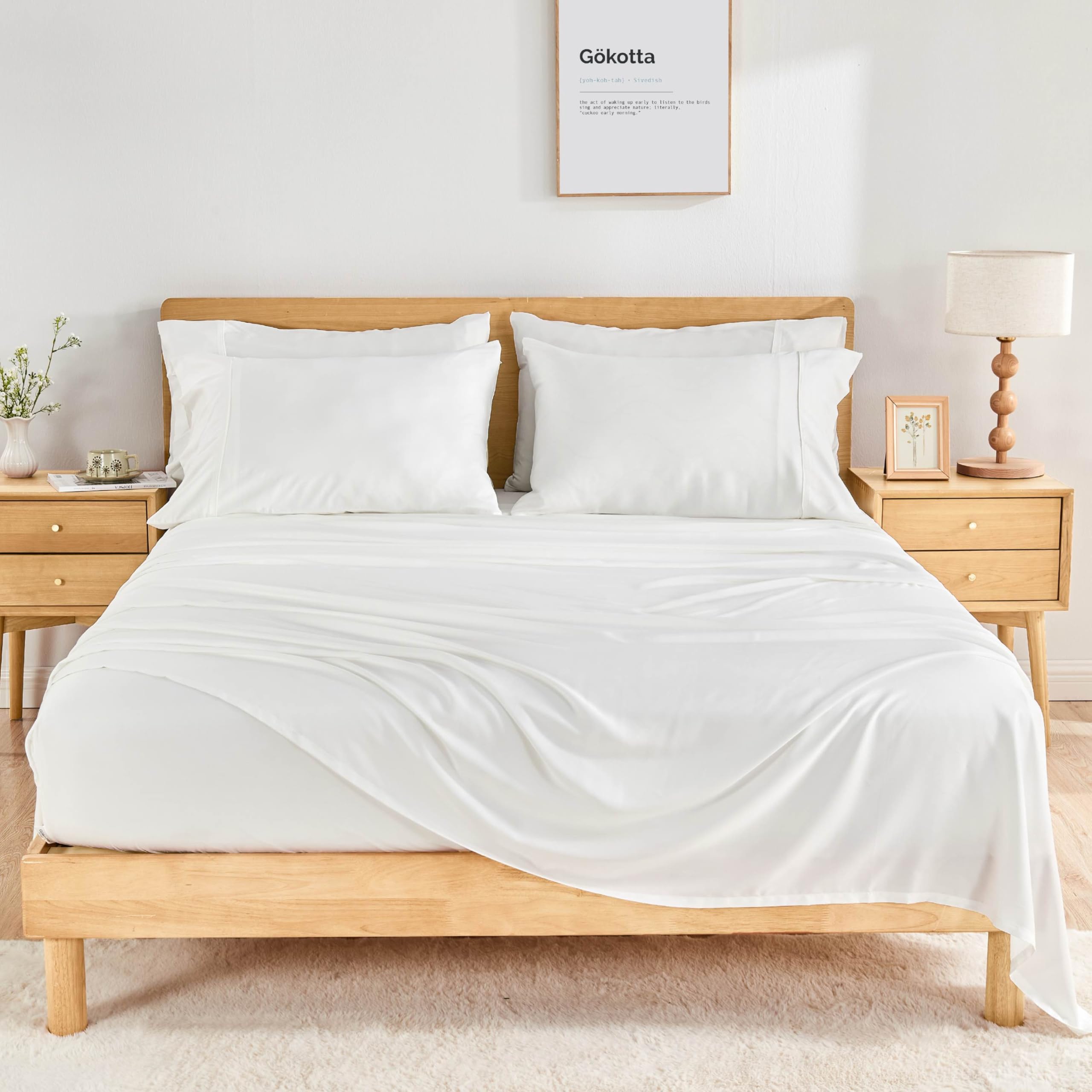 View 1 of GOKOTTA King Size Bed Sheets 6 Piece Set, 100% Rayon Derived from Bamboo, Cooling for Hot Sleepers-Luxury Breathable Soft Sheets, Deep Pocket 16" Fitted Sheet with Elastic Corner Straps, Bright White
