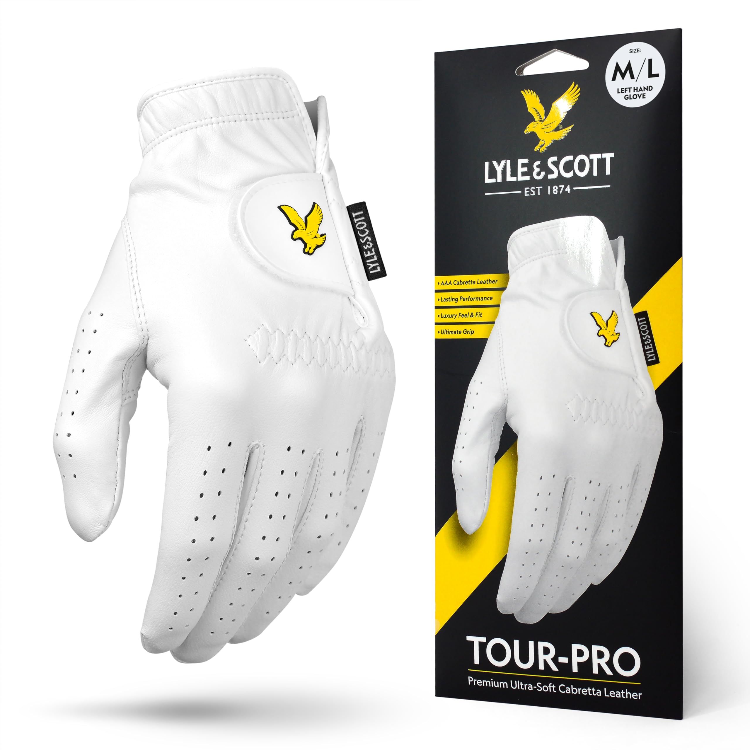 Lyle & Scott Tour Pro Premium Ultra Soft Cabretta Leather Golf Glove - Ultimate Grip, Moisture Control, Durable - Men's Golf Glove, White, Medium-Large, Left Hand