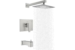 KENES Brushed Nickel Tub Shower Faucet Set Complete, Tub and Shower Trim Kit with 10-Inch Rain Shower Head, Square Shower System, KE-6024A (Shower Valve Included)