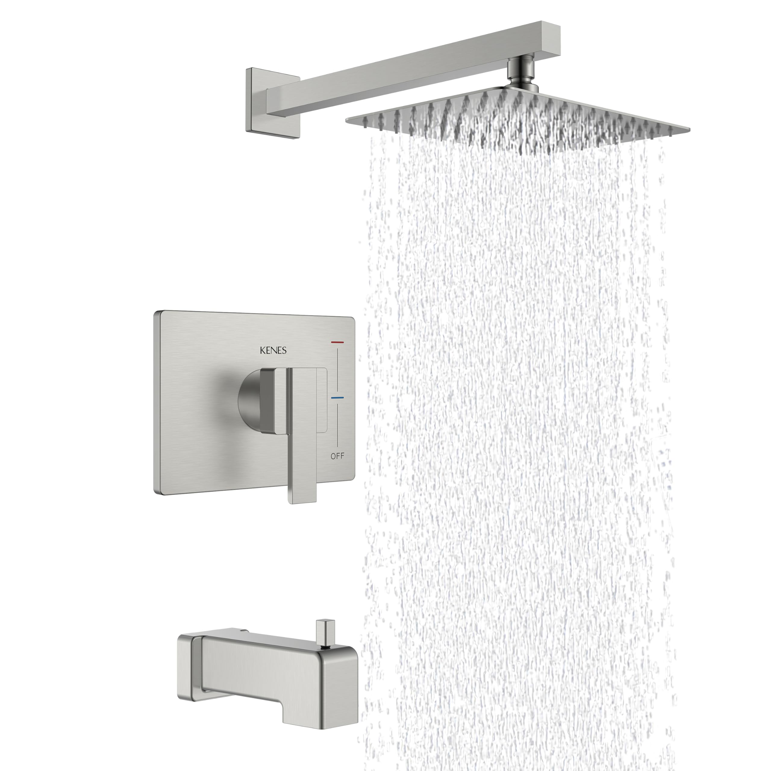 Photo 1 of KENES Brushed Nickel Tub Shower Faucet Set Complete, Tub and Shower Trim Kit with 10-Inch Rain Shower Head, Square Shower System, KE-6024A (Shower Valve Included)