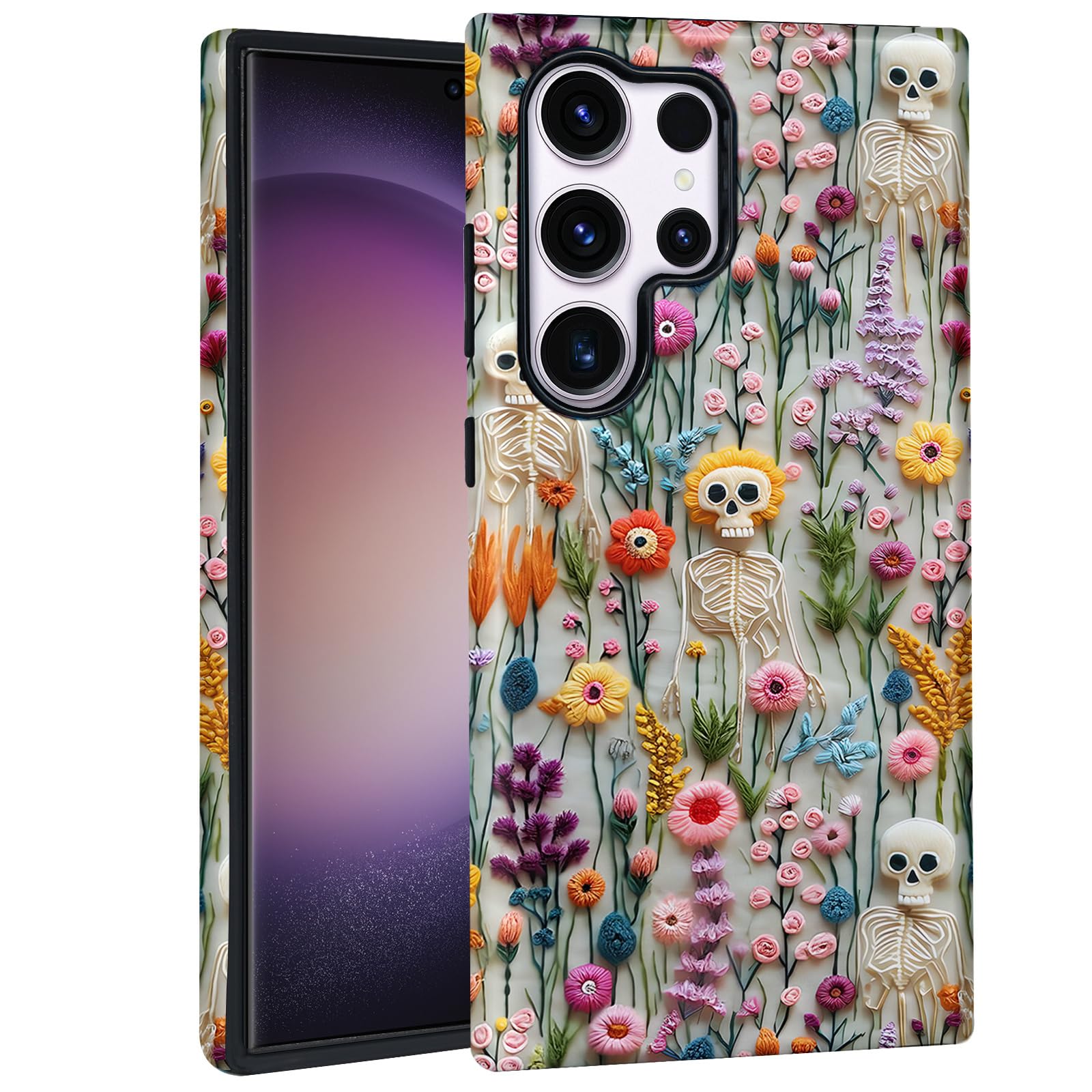 Photo 1 of Mainrenka Halloween Skull Case for Samsung Galaxy S22 Ultra, Aesthetic Cute Flower Skeleton Phone Case Hybrid 2-Layer Hard Shell Shockproof Design Protective Cover