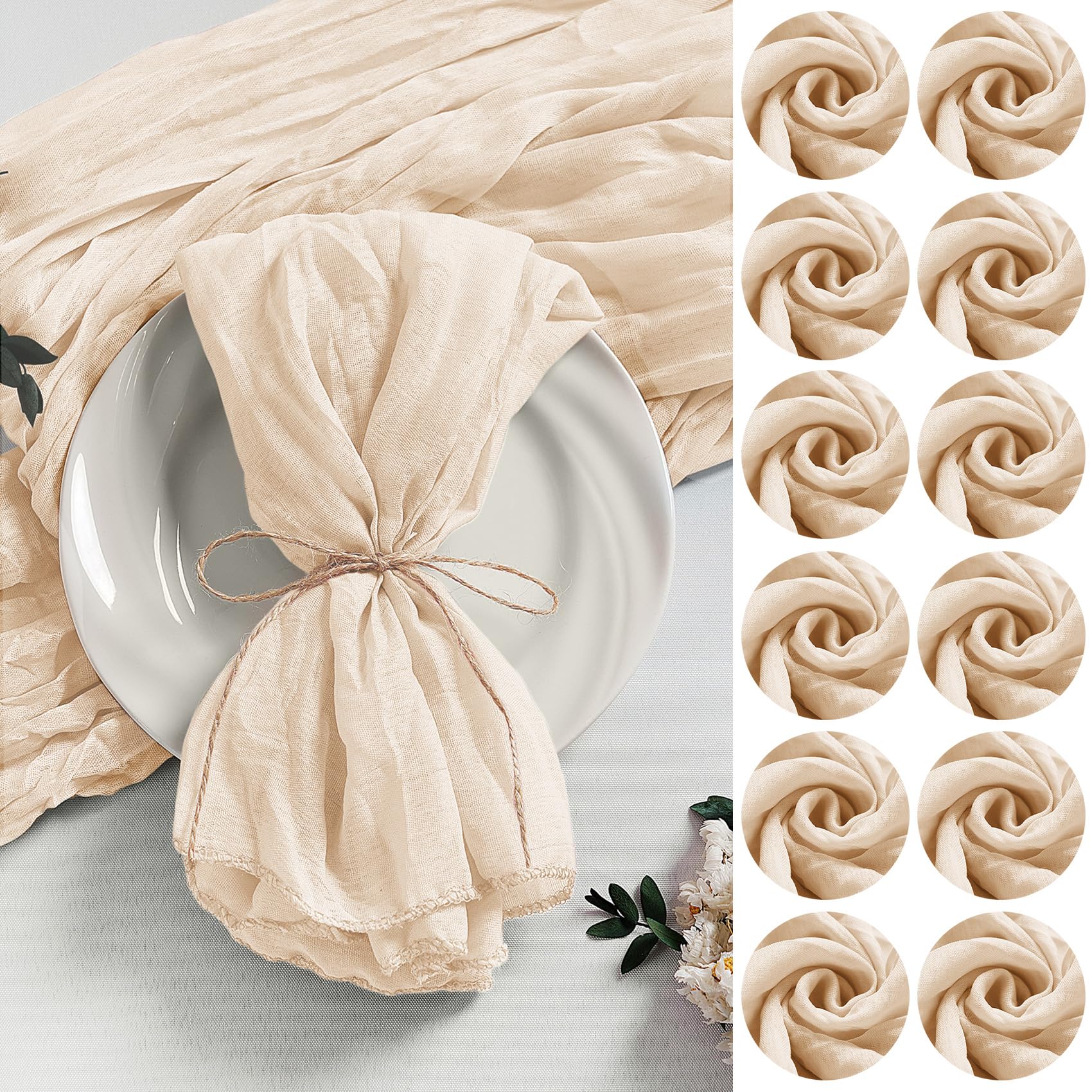 Photo 1 of LZY 120 Pack Gauze Cheesecloth Napkins 20x20 Inch Dinner Cloth Napkins, Soft Boho Table Napkins Rustic Wrinkled Cheese Cloth Napkins Bulk for Wedding Party Baby Shower Event Decor (Ivory)