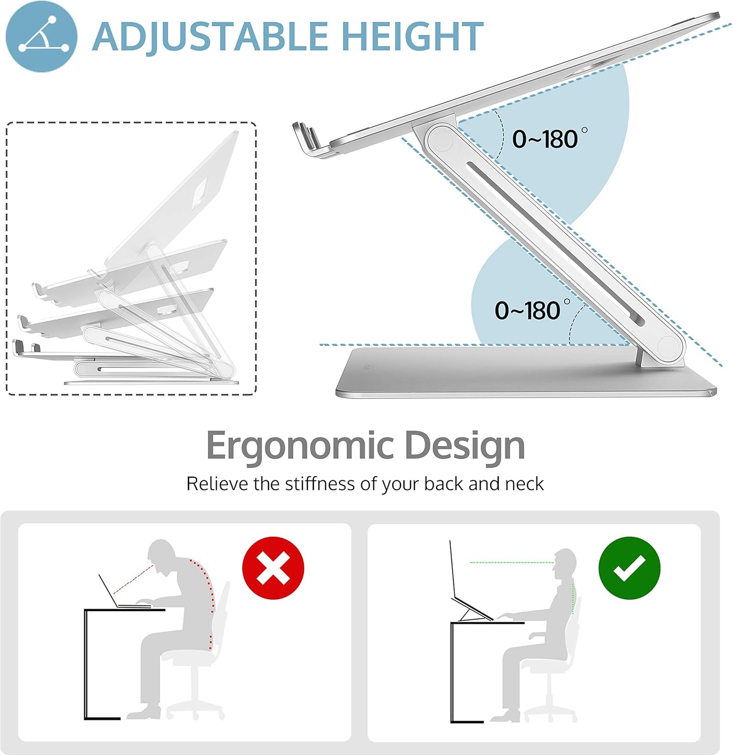 ProCase Adjustable Laptop Stand, Ergonomic Aluminum Laptop Holder, Portable Laptop Riser Notebook Computer Stand for MacBook Pro/Air Surface Dell Lenovo Laptops up to 15.6-Inch - Silver: ProCase: Electronics