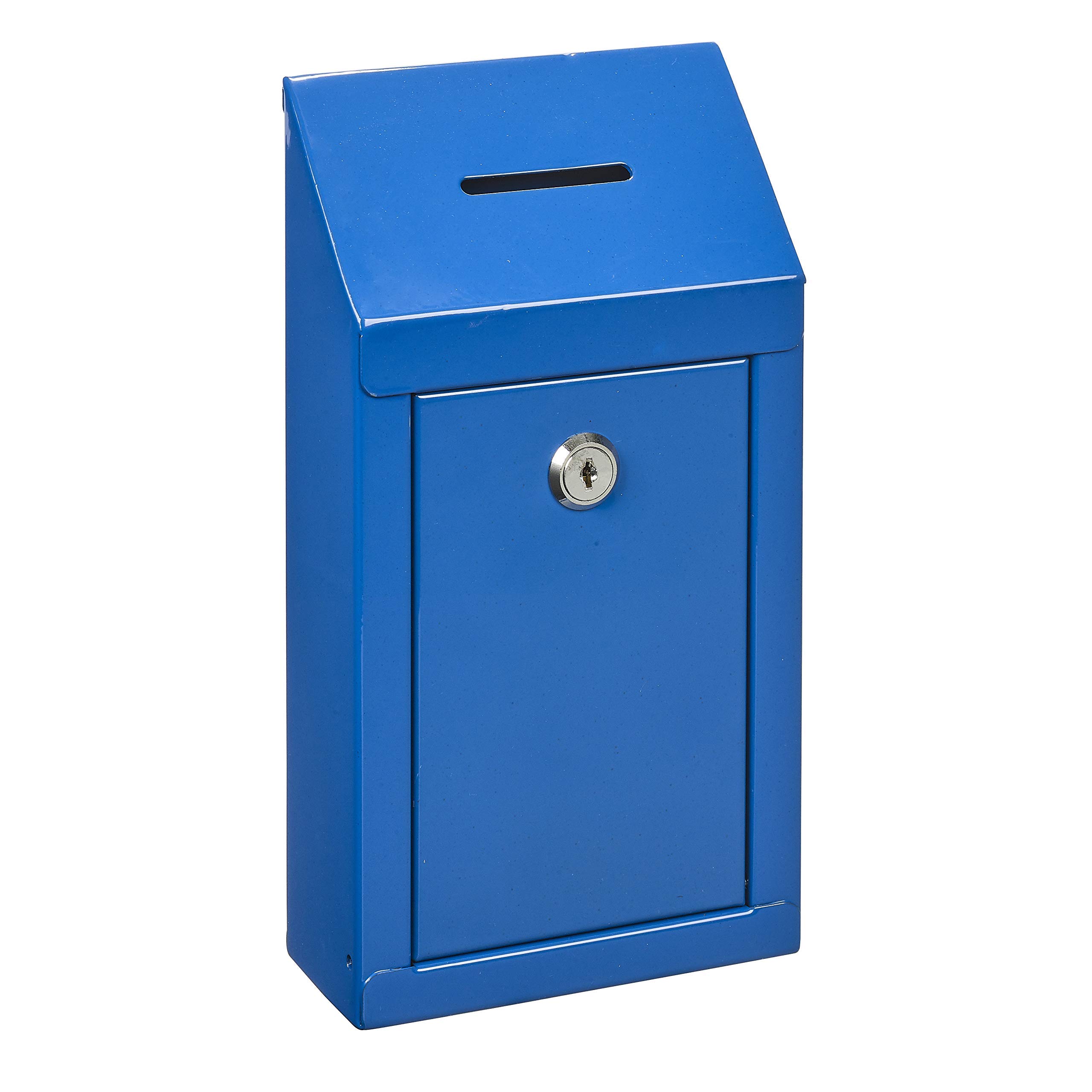Metal Wall Mounting or CounterTop Charity Donation Collection Box Secure Suggestion and Ballot Box With Top Coin Slot, Lock Included with 2 Keys (Blue)