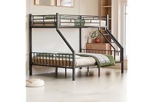 Mixcous Twin XL Over Queen Bunk Bed for Adults, Heavy Duty Metal Bunk Beds with Safety Guardrails & EVA Padded Ladder, Twin XL Over Queen Bunk Beds Frame with Noise-Free Slats, Space-Saving(Black)