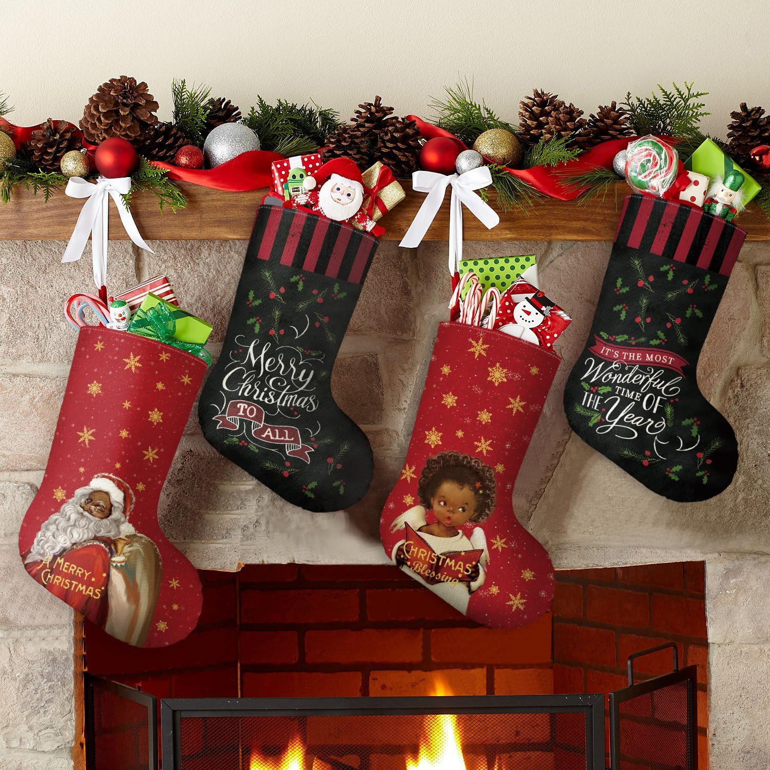 Stockings & Holders - AVOIN colorlife Black Santa Claus Christmas Stockings 18 Inch Set of 4, Hanging Gift Bag for Kids Xmas Holiday Party Decoration