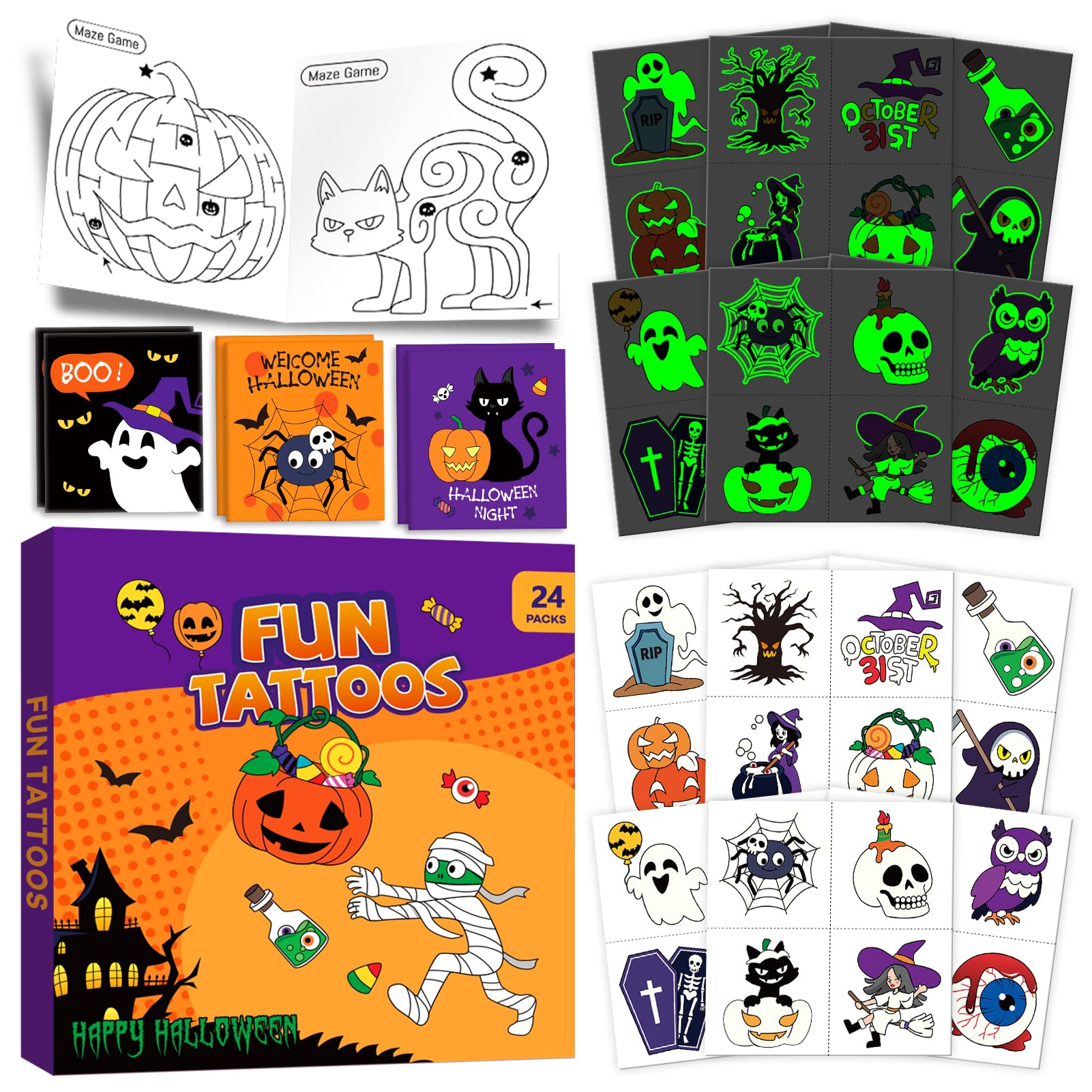 Leesgel Halloween Games Party Tattoos, Luminous Temporary Tattoos Stickers for Kids Halloween Decorations, Glow Toys for Treats Activities Sweets Bags Favours (24 Sheets)